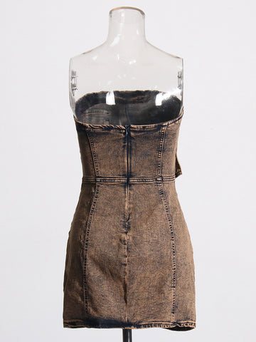 Pocket Denim Strapless Dress