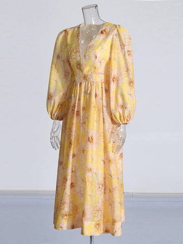 Deep V Neck Latern Sleeve Yellow Printing Dresses