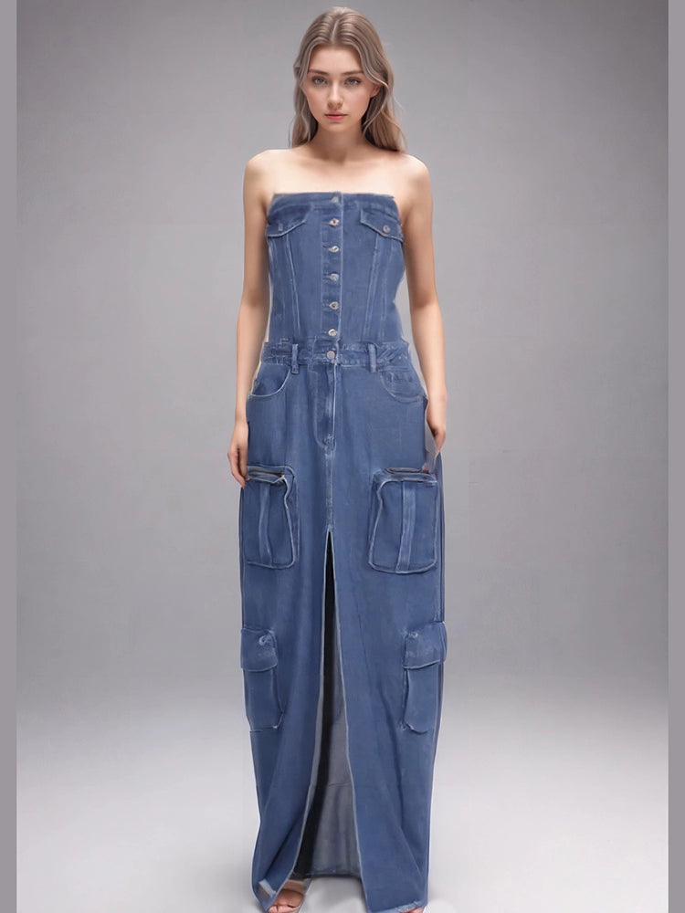 Denim Strapless Back Split Maxi Dresses