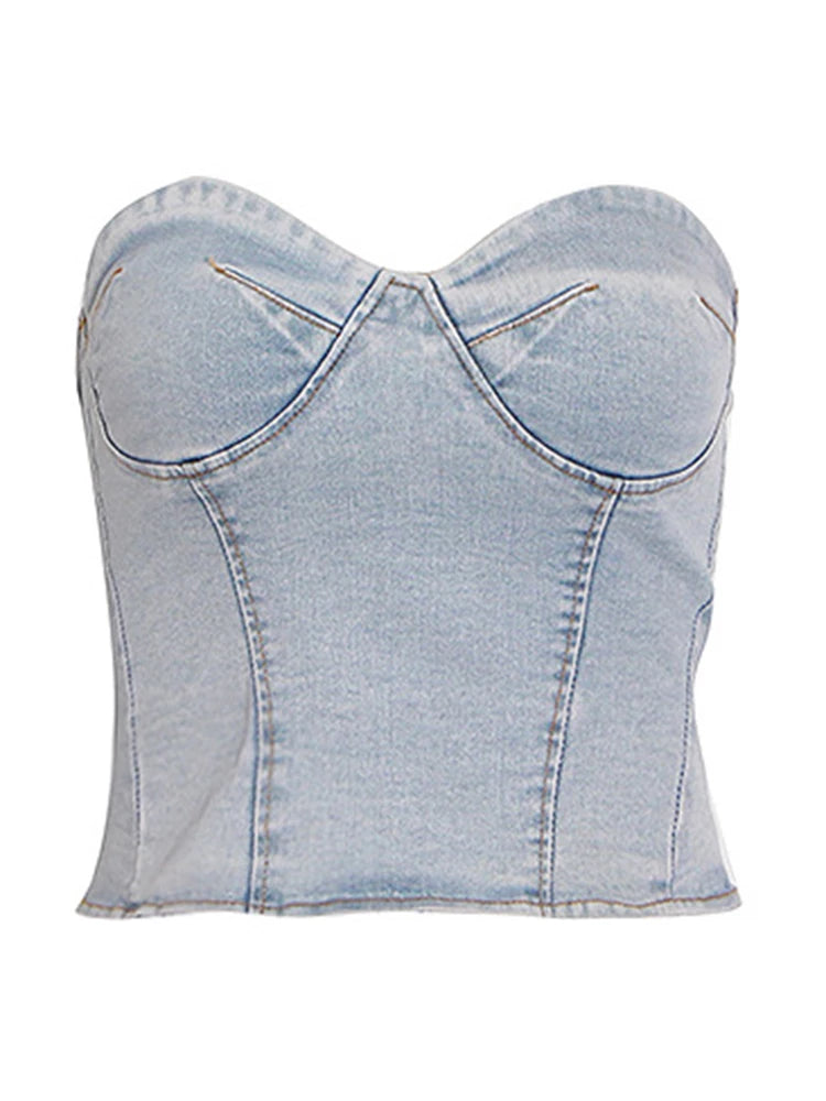 Sleeveless Denim Two Piece Set Strapless Blue
