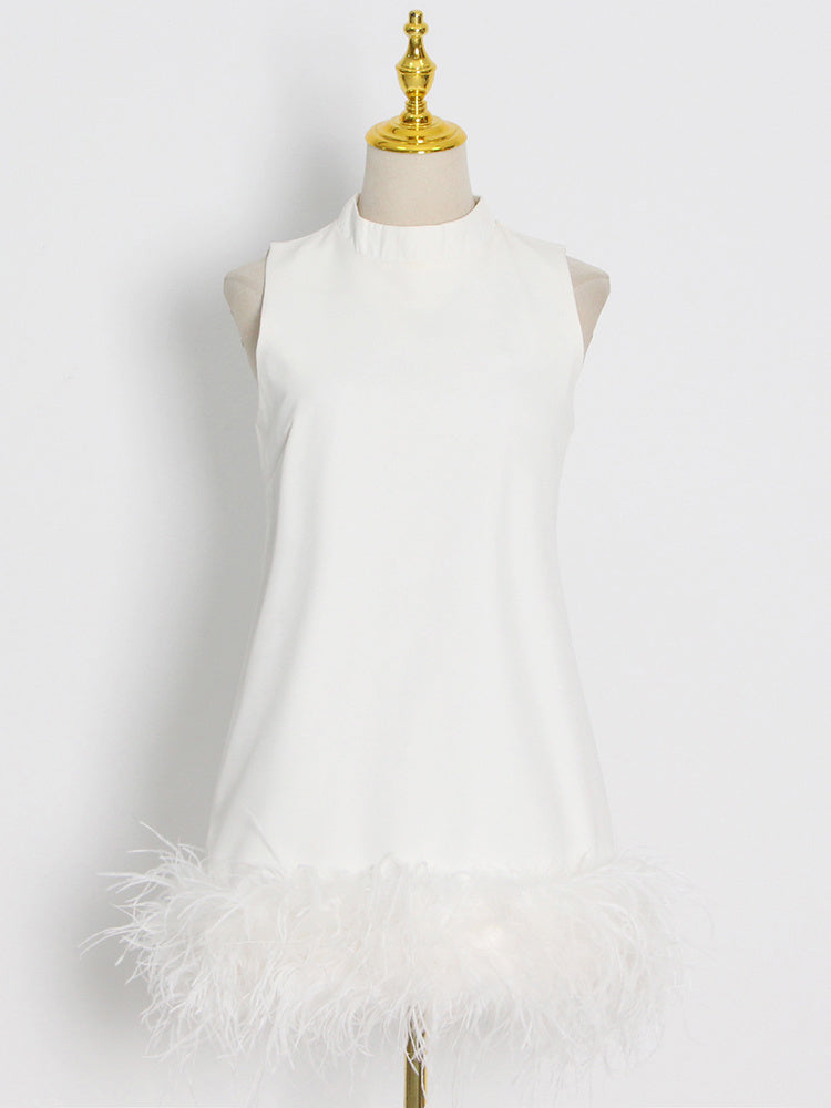 Feathers Hem Sleeveless Minimalsit Mini Dress