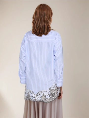 Striped Spliced Lace Elegant Blouse