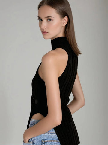 Sleeveless High Neck Irregular Knited Top Vest