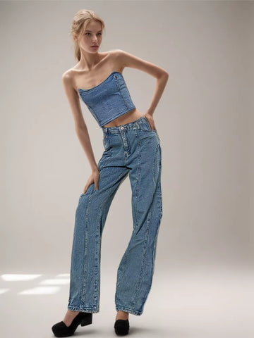 Denim Solid Vest Strapless Sleeveless Slim Backless