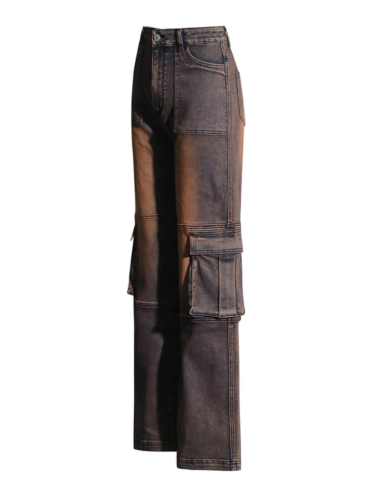 Pockets Denim Trousers For High Waist Spliced Straight Jeans