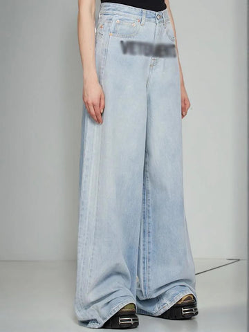 Pantalon en denim taille haute à jambe large et broderie rétro