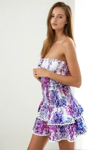 Printing Strapless Ruffled Flower Mini Dresses