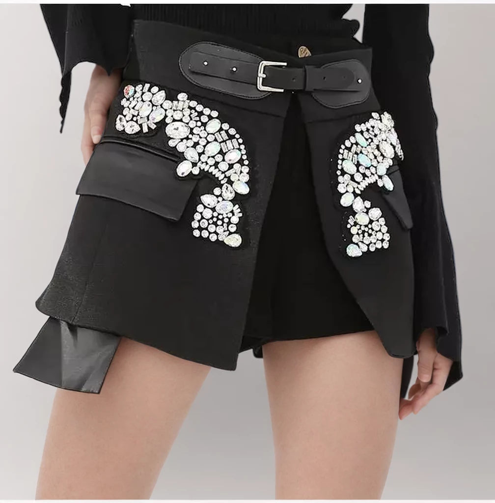 Designer Belt Patchwork Diamonds Mini Skirt