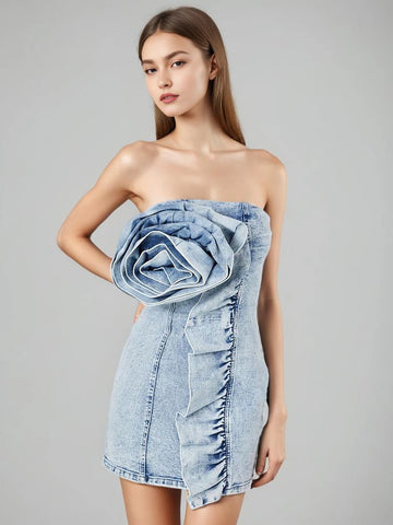 Ruffle Pleated Flower Strapless Denim Dresses