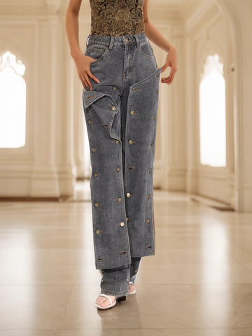 Pantalon en jean boutonné pour jean taille haute avec poche épissée