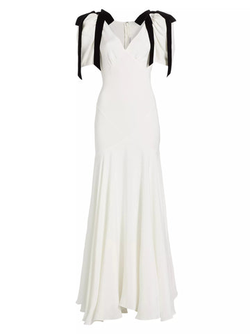White V Neck Bubble Sleeve Ribbon Dress