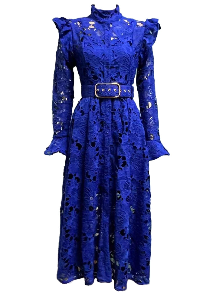 Embroidery Stand Collar Flare Sleeve Hollow Out Vintage Dress