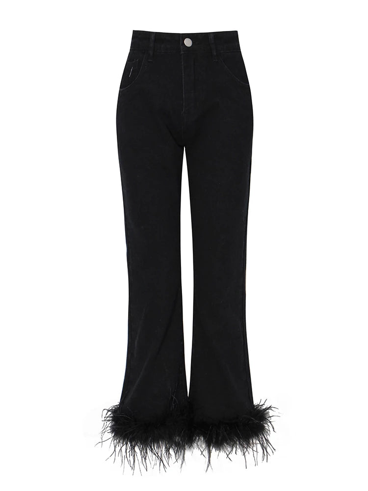 Pantalon en jean droit noir à plumes