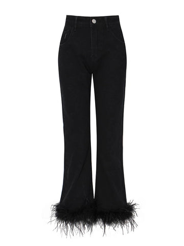 Pantalon en jean droit noir à plumes