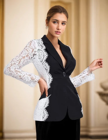 Blazer transparent en patchwork de dentelle skinny 