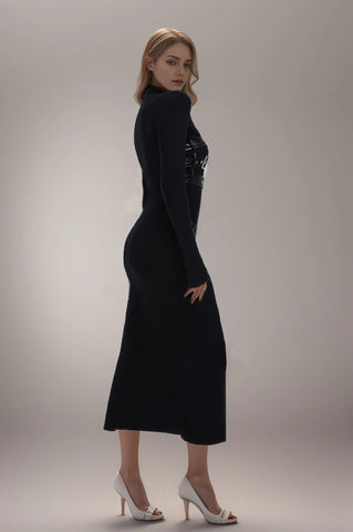 Belt Split Stand Collar Long Sleeve Bodycon Dress