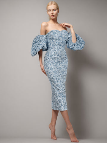 Strapless Square Collar Bubble Sleeve Split Back Dress