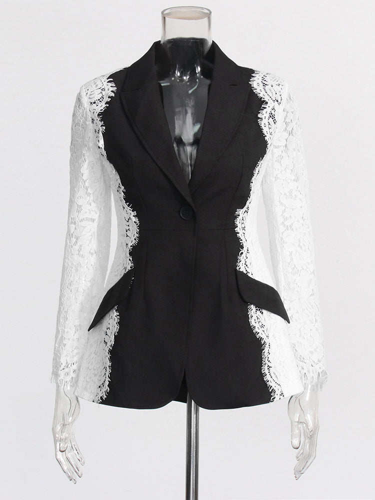 Blazer transparent en patchwork de dentelle skinny 