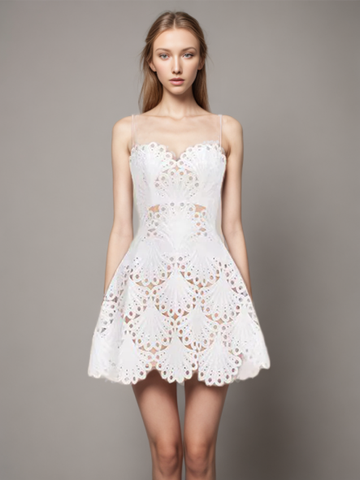 White Mini Baceless Sundress With Lace Embroidered