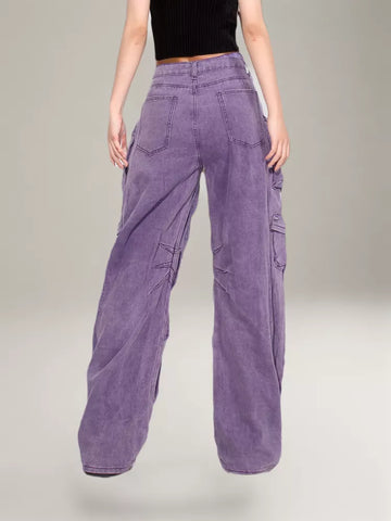 Pantalon cargo en jean avec poches pour taille haute et boutons épissés