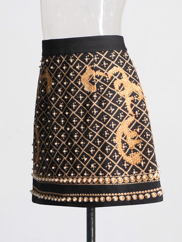 Retro Printing Beaded High Waisted Skirt