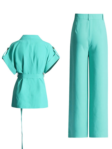 Ensemble deux pièces à taille haute et manches courtes avec col en V