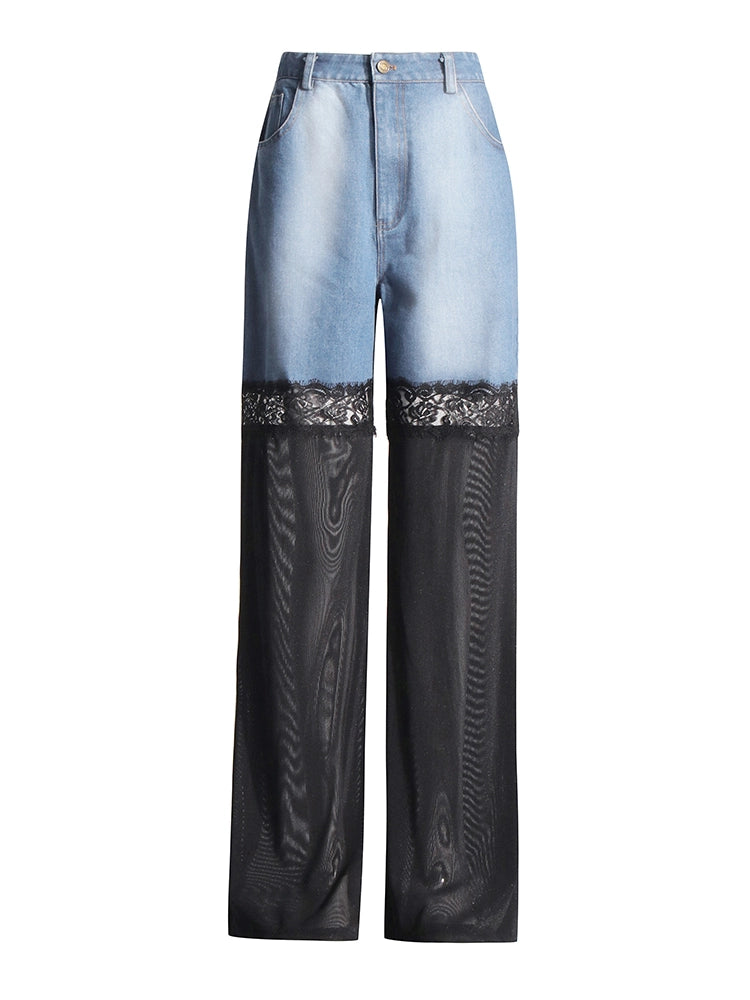 Pantalon large sexy en denim à taille haute et dentelle