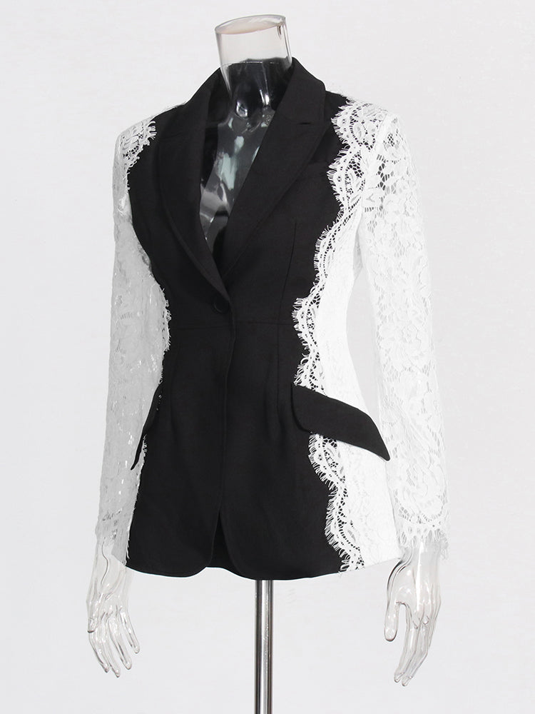 Blazer transparent en patchwork de dentelle skinny 