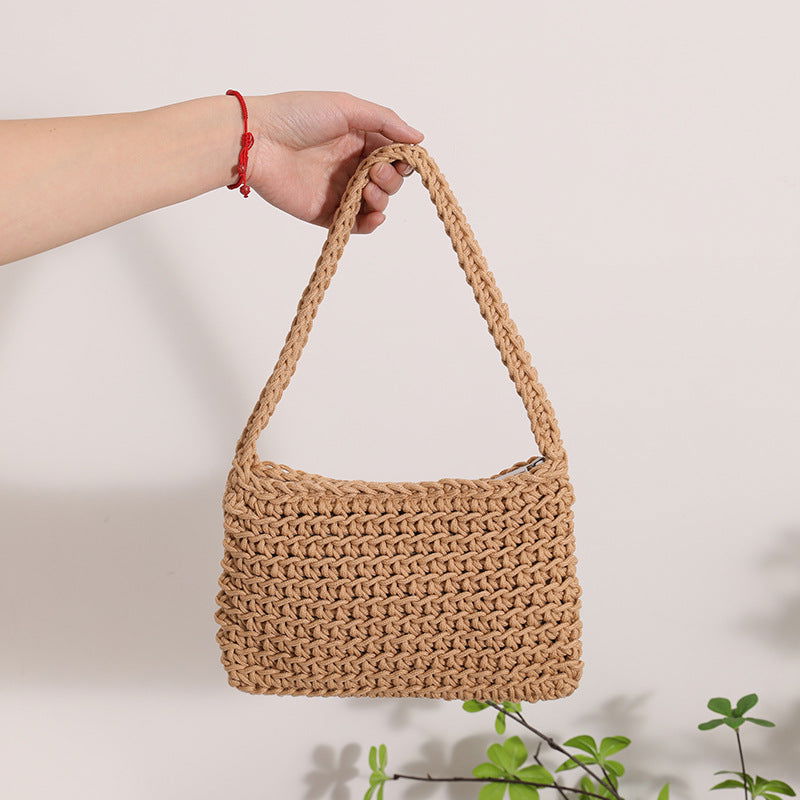 All Match Schulter Baumwollfaden Frische quadratische Unterarmtasche Strohtasche Volltonfarbe Büro Handtasche Damen 