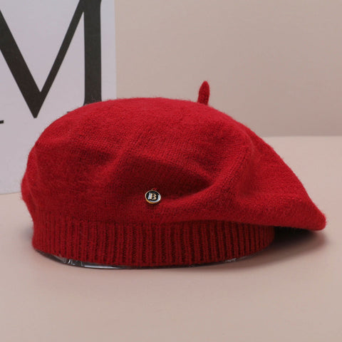Béret tricoté coréen artistique rétro grande circonférence de la tête montrer le visage petit peintre nuage chapeau 