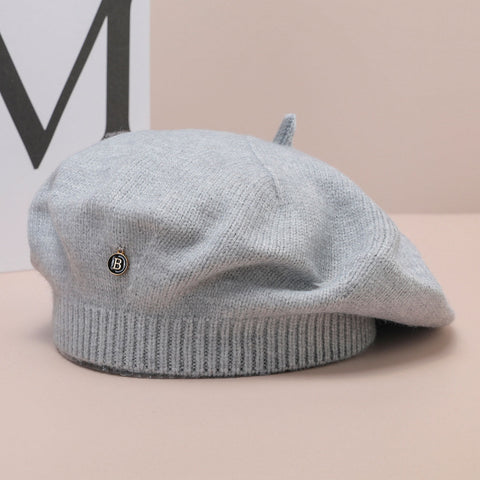 Béret tricoté coréen artistique rétro grande circonférence de la tête montrer le visage petit peintre nuage chapeau 