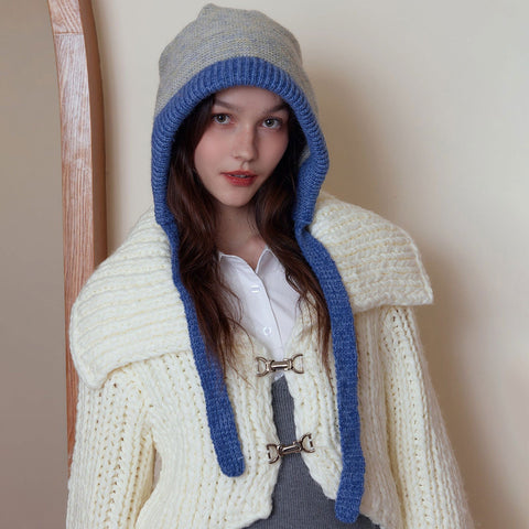 Bonnet en laine avec cache-oreilles et sens de l'atmosphère coréenne, bonnet en tricot gluant doux et chaud avec cordon de serrage 