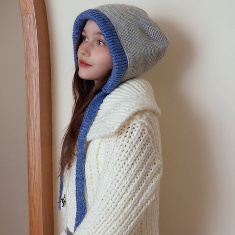 Bonnet en laine avec cache-oreilles et sens de l'atmosphère coréenne, bonnet en tricot gluant doux et chaud avec cordon de serrage 