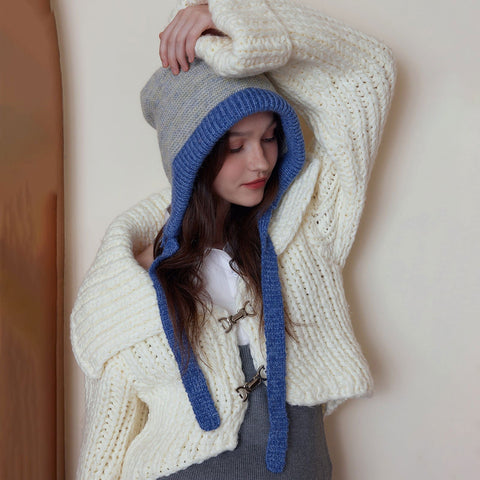Bonnet en laine avec cache-oreilles et sens de l'atmosphère coréenne, bonnet en tricot gluant doux et chaud avec cordon de serrage 