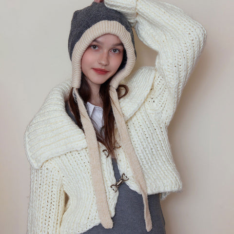 Bonnet en laine avec cache-oreilles et sens de l'atmosphère coréenne, bonnet en tricot gluant doux et chaud avec cordon de serrage 