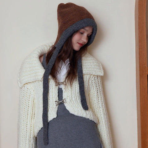 Bonnet en laine avec cache-oreilles et sens de l'atmosphère coréenne, bonnet en tricot gluant doux et chaud avec cordon de serrage 