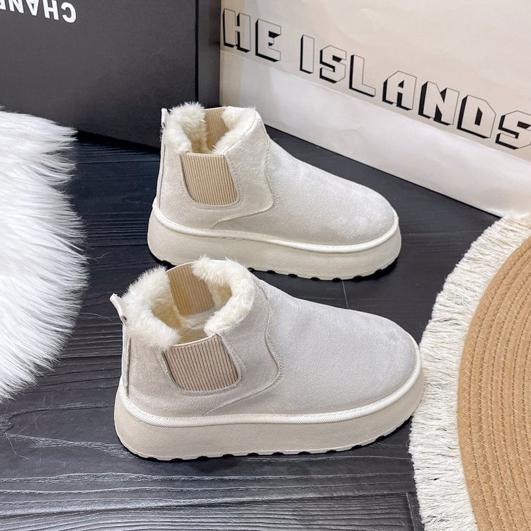 Bottes de neige à plateforme Chaussures en coton Doublure brossée Bout rond Bottes en coton à enfiler 