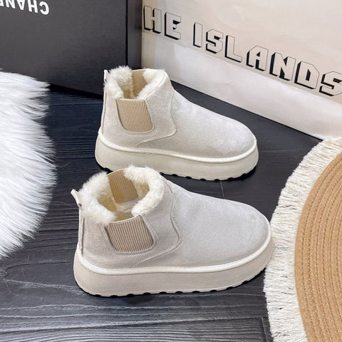 Bottes de neige à plateforme Chaussures en coton Doublure brossée Bout rond Bottes en coton à enfiler 
