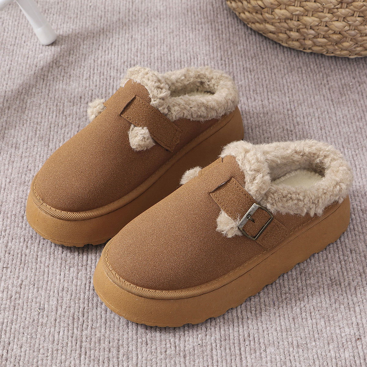 Chaussons en coton thermique à boucle en peluche à fond épais Chaussures décontractées 