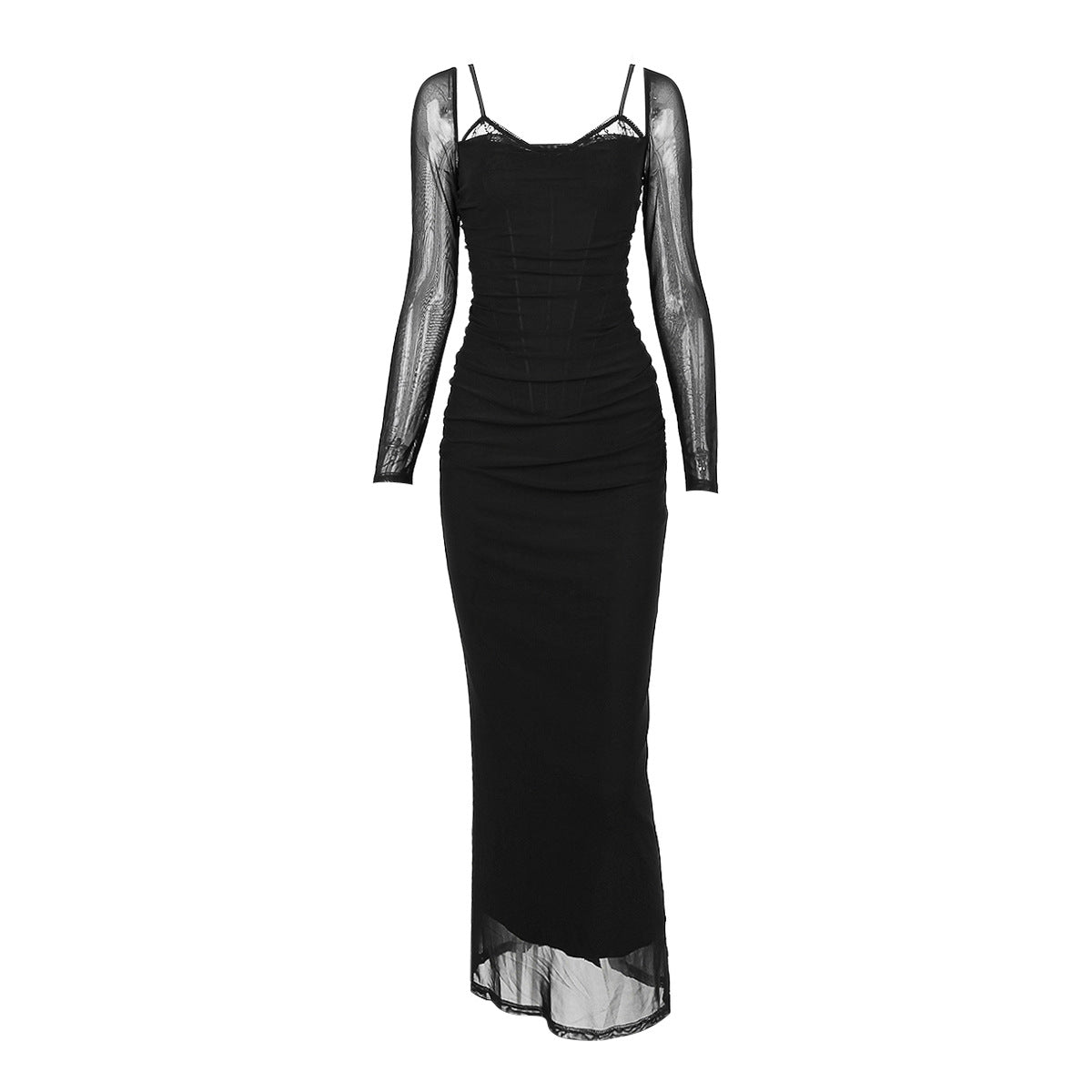 Mesh Langarm Korsett mit Stäbchen Schlanke Hüfttasche Schlitz Midi Schwarzes Kleid