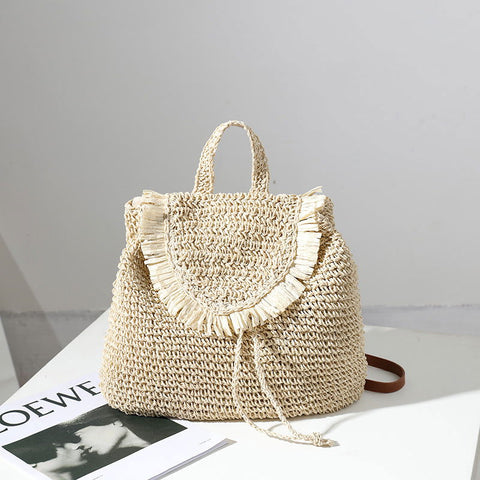 Sac à dos en paille Mori Casual Tassel Straw Same Seaside Vacation Beach Bag 