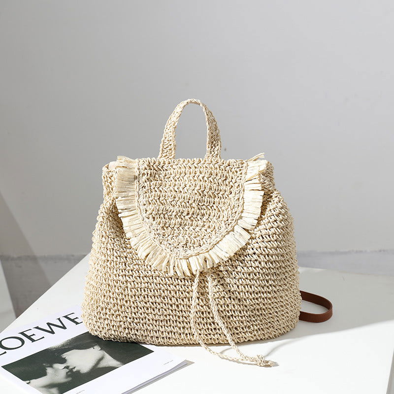 Sac à dos en paille Mori Casual Tassel Straw Same Seaside Vacation Beach Bag 