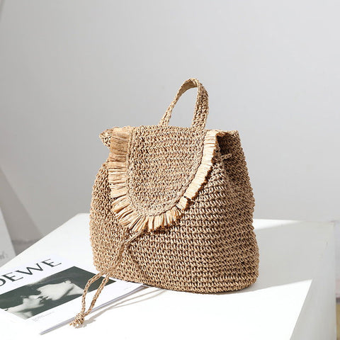Sac à dos en paille Mori Casual Tassel Straw Same Seaside Vacation Beach Bag 