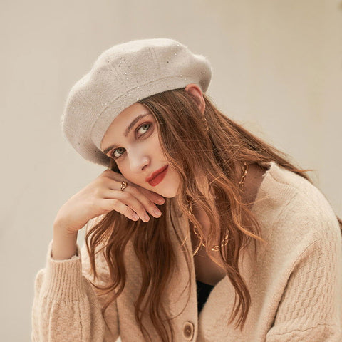Béret en laine doublé polaire pour femme, bonnet tricoté, couleur unie 