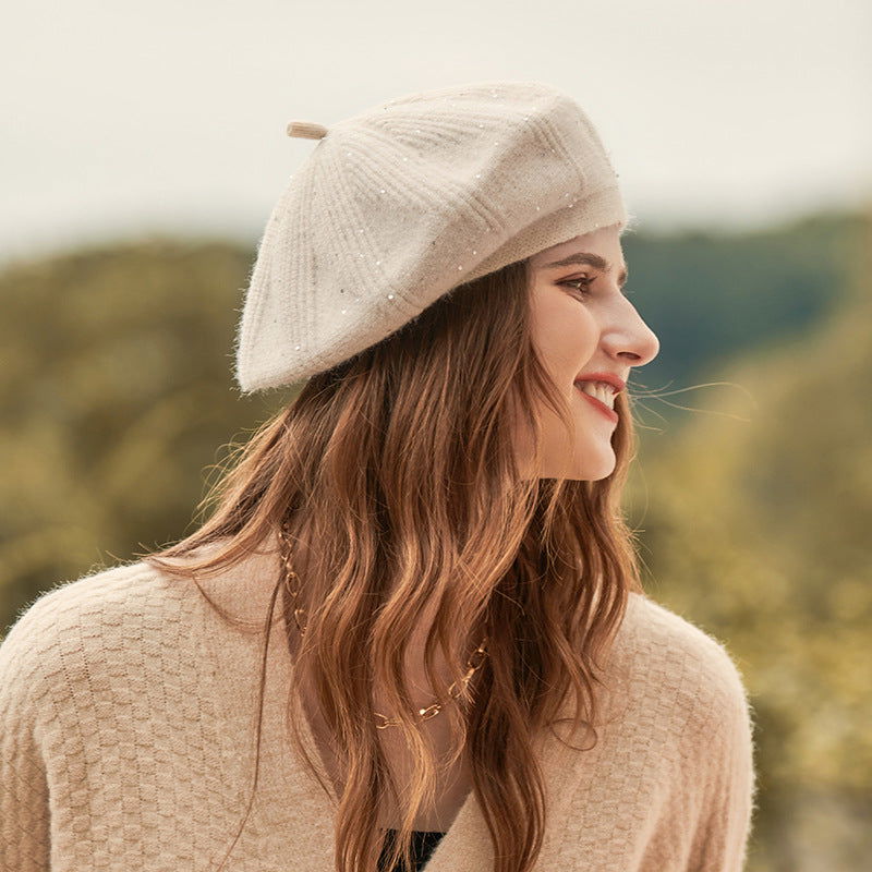 Béret en laine doublé polaire pour femme, bonnet tricoté, couleur unie 