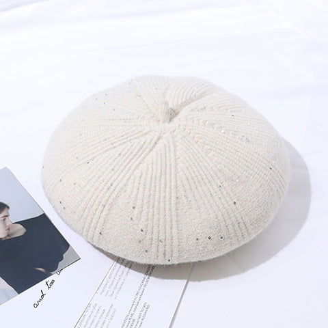 Béret en laine doublé polaire pour femme, bonnet tricoté, couleur unie 