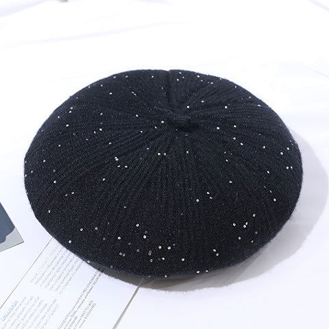 Béret en laine doublé polaire pour femme, bonnet tricoté, couleur unie 