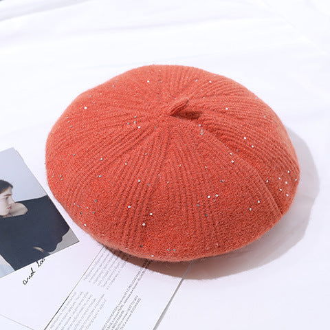 Béret en laine doublé polaire pour femme, bonnet tricoté, couleur unie 