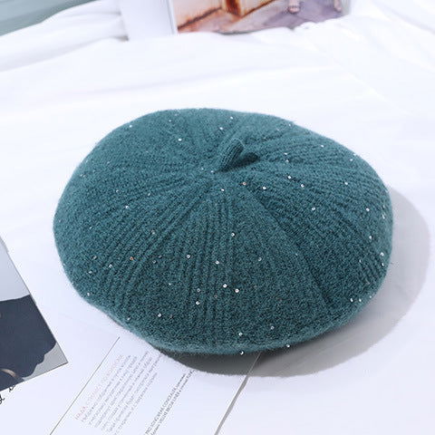 Béret en laine doublé polaire pour femme, bonnet tricoté, couleur unie 