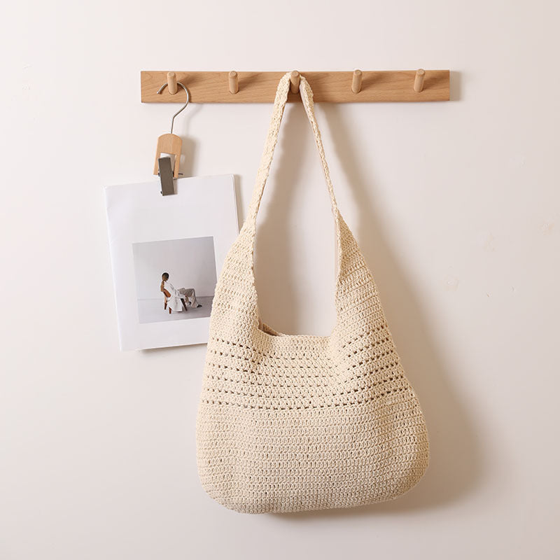 Sac à bandoulière en paille ajouré en fil de coton de grande capacité pour les vacances, la plage, décontracté 